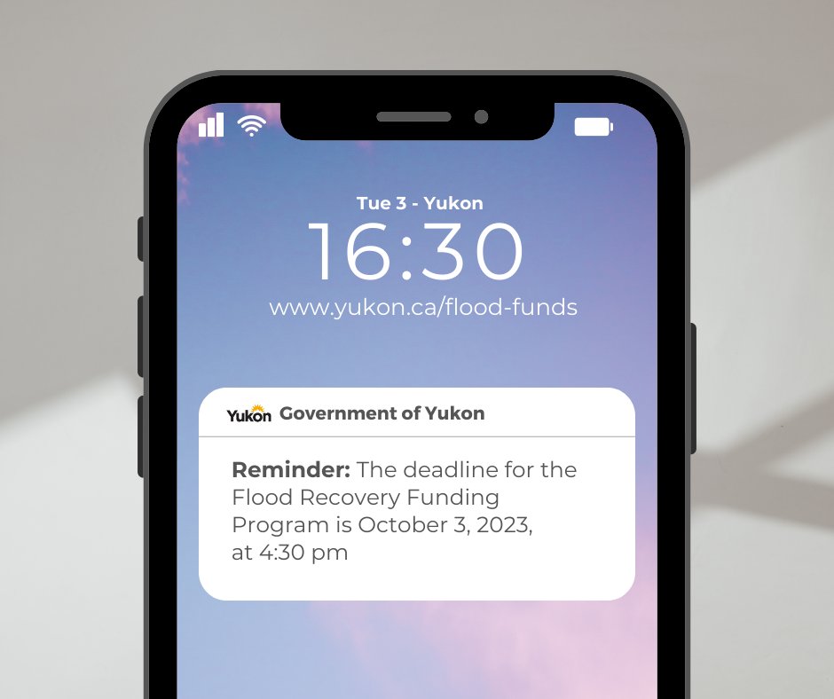 The deadline to apply to the 2023 Flood Recovery Funding program is October 3, 2023, at 4:30 pm. If you’re a resident or a business affected by flooding in the Klondike Valley visit: yukon.ca/flood-funds to learn how the program can support you.