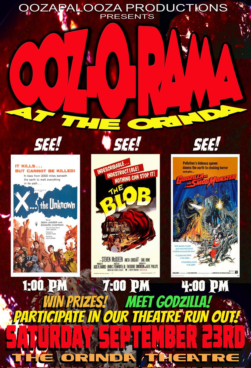 SciFiBob's tweet photo. Saturday at the Orinda Theatre its Ooz O Rama with three great films! X The Unknown, Gadzilla vs the Smog Monster, the 1958 d
The Blob. First  film strats at 1:00 pm. After the 7:00 pm showing of The Blob were gonna have a theatre run out! For tickets  https://t.co/EpypoL2yZE https://t.co/EucDfI1mwI