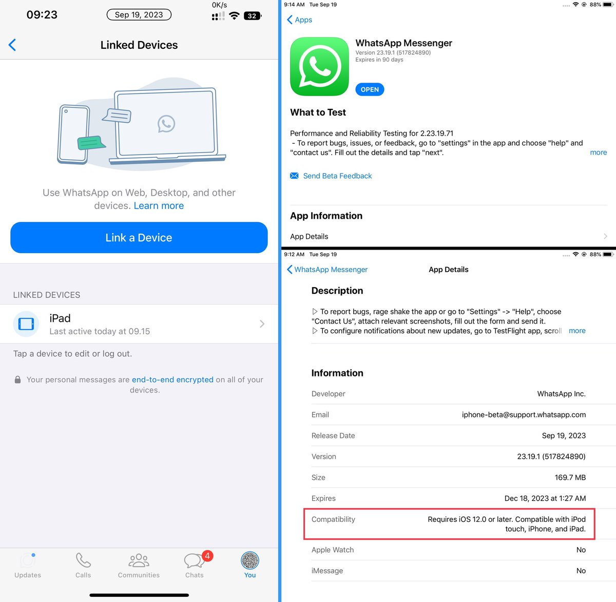 WhatsApp is releasing a compatible beta version with iPad (linked device) on TestFlight!