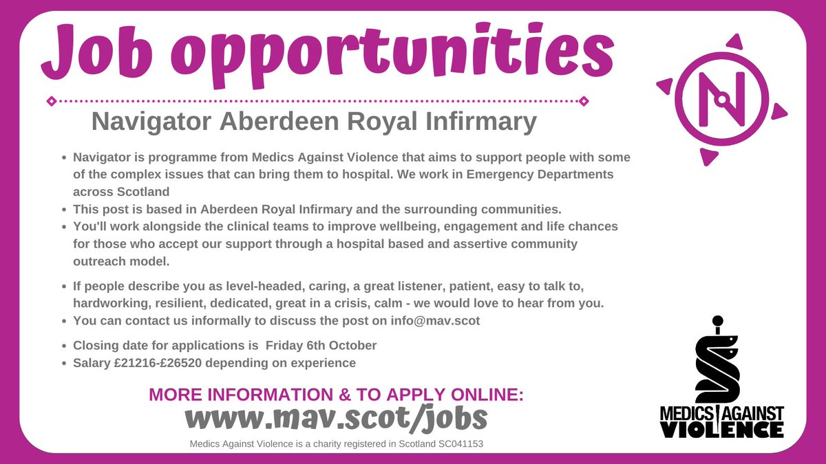 WE ARE HIRING! Looking for a new @NavigatorsScot to join the team in @aberdeenED Navigators support adult patients with a wide range of issues working with them both in the hospital and in the community. If you'd like a chat before applying please contact us on info@mav.scot