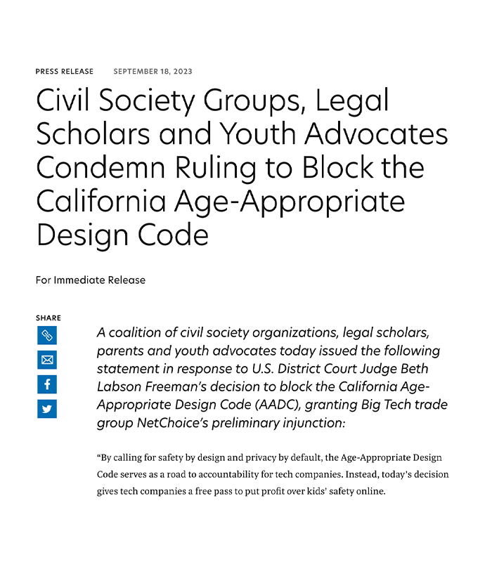 accountabletech's tweet image. RELEASE: Civil society groups, legal scholars and youth advocates condemn ruling to block the California Age-Appropriate Design Code. accountabletech.org/media/aadc-rul…