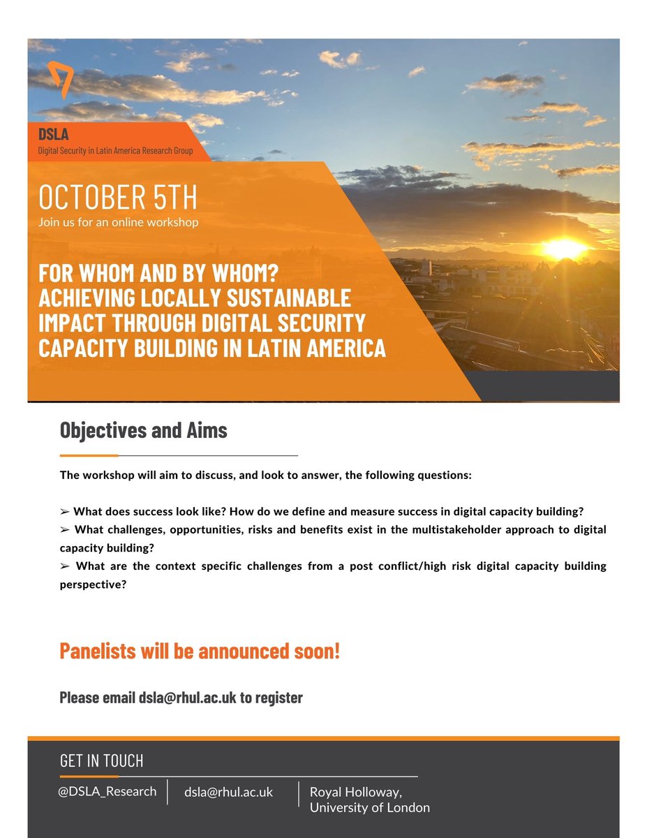 DSLA_Research's tweet photo. Join us on Oct 5th, 14.00 GMT for a workshop on Digital Security Capacity Building in Latin America!

Email us for more information and to register dsla@rhul.ac.uk

We're looking forward to another exciting discussion! https://t.co/tj20q8p5Tz