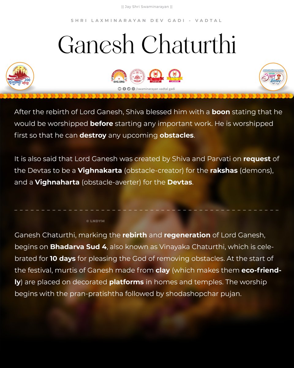 officiallndym's tweet photo. Today is the start of Ganesh Chaturthi - Ganpati Bappa Morya!
•
•
•
•
#Swaminarayan #LNDYM #Dharmakul #VadtalGadi #LNDev #NNDev #DharmakulAashrit #VadtalDham #RaghuvirWadi #RaghuvirVadi #Vadtal200 #LNDev200 #Acharya75 #AmrutMahotsav2024 #GaneshChaturthi #LordGanesh https://t.co/c6TCxRQFpa