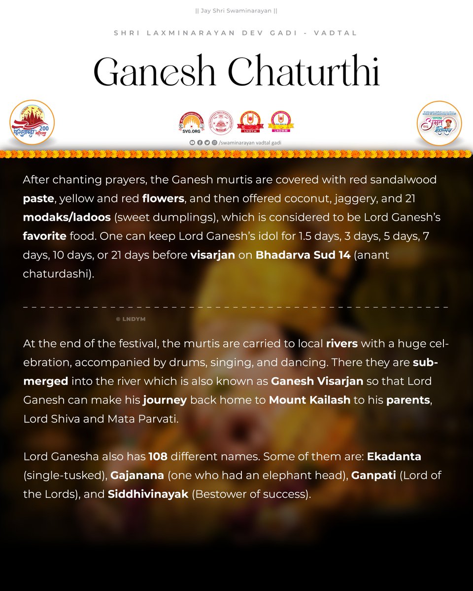 officiallndym's tweet photo. Today is the start of Ganesh Chaturthi - Ganpati Bappa Morya!
•
•
•
•
#Swaminarayan #LNDYM #Dharmakul #VadtalGadi #LNDev #NNDev #DharmakulAashrit #VadtalDham #RaghuvirWadi #RaghuvirVadi #Vadtal200 #LNDev200 #Acharya75 #AmrutMahotsav2024 #GaneshChaturthi #LordGanesh https://t.co/c6TCxRQFpa