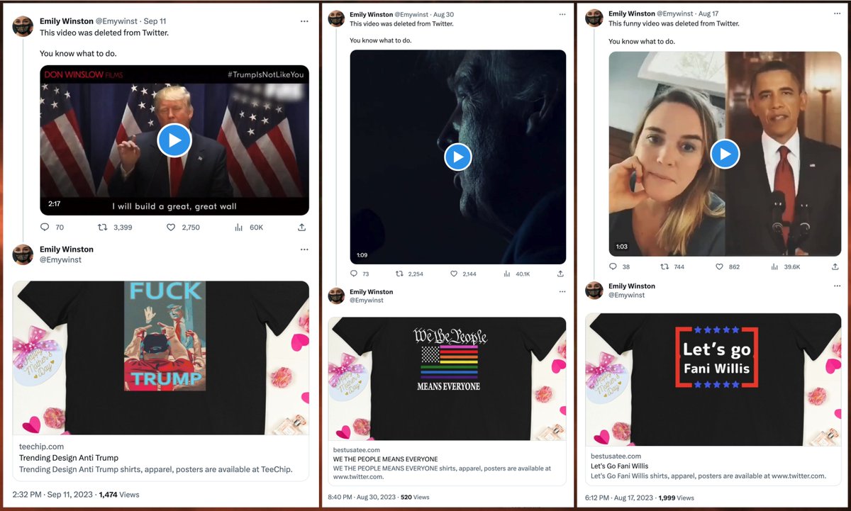 @Emywinst Selling T-shirts appears to be the goal of @Emywinst's video plagiarism. Each post containing a stolen video has an accompanying self-reply containing an ad for a T-shirt and a link to a site where the shirt can be purchased.