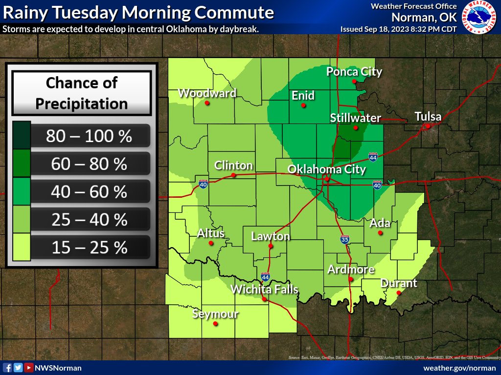 Getting yourself set up for your workday tomorrow? Well, consider packing an umbrella and leaving extra time for your morning commute. Showers and thunderstorms are expected in central Oklahoma beginning around daybreak. #okwx #txwx