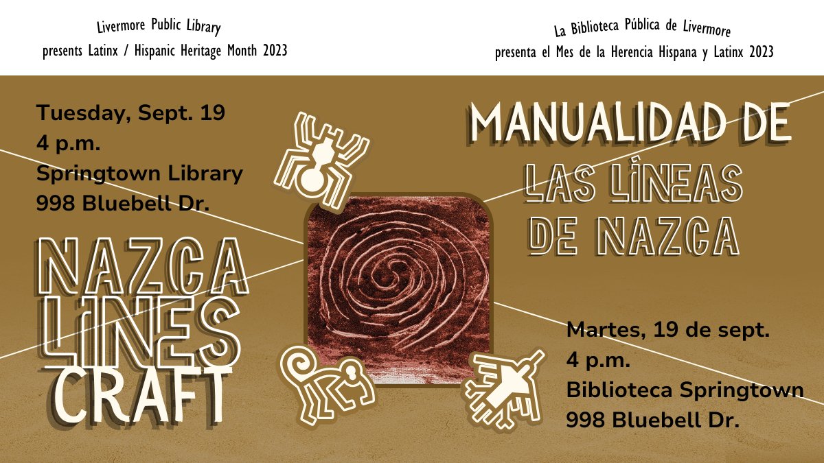 LivLibrary's tweet photo. #NazcaLines Craft - Artesanía de las #LíneasdeNazca. Celebrate #Latinx &amp; #HispanicHeritageMonth w/ us! Learn about  #PeruvianNazca UNESCO World Heritage Site. Bring your artistic talents to create your own mini #geoglyph. For ages 5+. #SpringtownLibrary 9/19/23 4pm #LibraryFun https://t.co/KSjdegiAR3