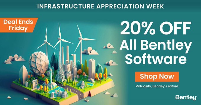 BentleySystems's tweet image. DON&apos;T MISS OUT! We are celebrating #InfrastructureAwarenessWeek with 20% off Bentley #software available in our eStore. Use code &quot;THANKS23&quot; to get the deal. This deal ends on Friday, September 22. 🛒 bit.ly/3Pc69b1