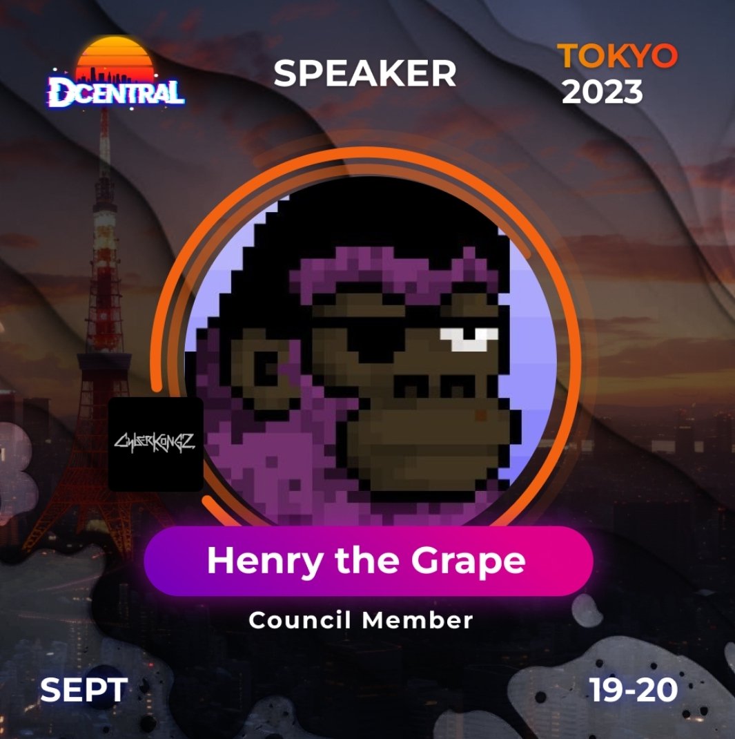CyberKongz's tweet photo. Come join us today at @DcentralCon 🇯🇵

@HenryTheGrape will be speaking about the future of NFTs at 14:50

 A CyberKongz mixer will take place at 17:30 on the 5th floor of Shibuya Stream. https://t.co/W0h78htHfz