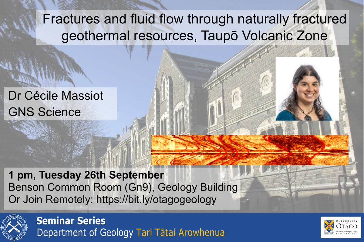 Lots of fractures, fluid flow, and geothermal energy to get excited about in next week's department seminar by Dr Cécile Massiot (<a href="/gnsscience/">GNS Science Te Pū Ao</a>)! 

This talk will take place at 1 pm on Tuesday 26th September on Zoom and in the Benson Common Room