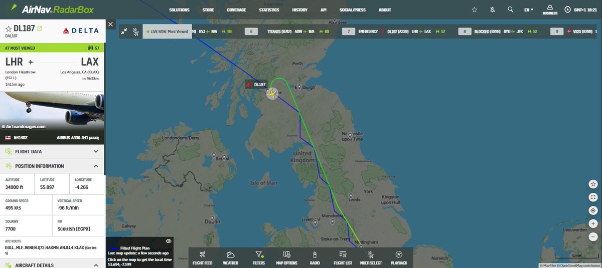 Delta Air Lines DL187 from London (LHR) to Los Angeles (LAX) made a  u-turn over Scotland and is heading back to Heathrow due to a medical emergency. This is the 2nd LA-based flight to declare emergency over Scotland in two days.
#DeltaAirlines #aviation #airlines #aviationdaily