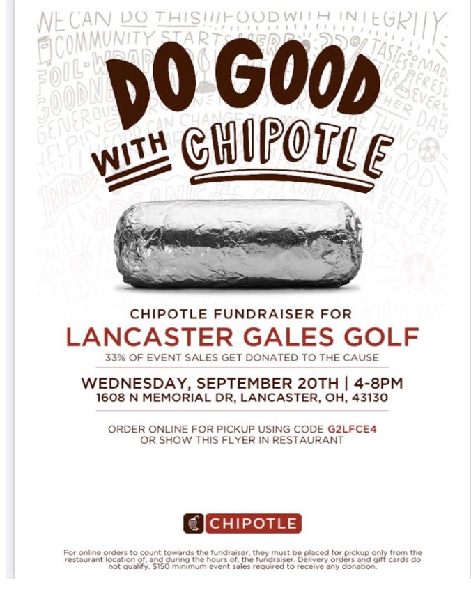 Dinner plans are made for this Wednesday! Visit <a href="/ChipotleTweets/">Chipotle</a> on Memorial Dr from 4-8pm to support Gales Golf! #ThankYou