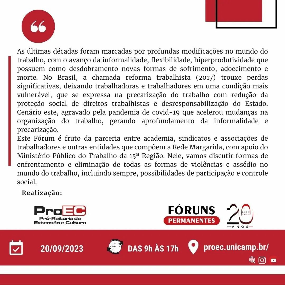 Faça sua inscrição pelo site da ProEC ou acesse o link: proec.unicamp.br/forum-permanen…

#CAMPINAS #UNICAMP #PROEC #FORUNSPERMANENTES #20ANOS #EVENTOPRESENCIAL #GRATUITO