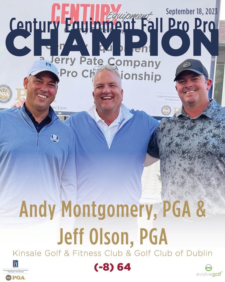 Team Montgomery &amp; Olson are champions again 🏆 

Andy Montgomery, PGA &amp; Jeff Olson, PGA finish at 64 - eight-under par - at Brookside Golf &amp; Country Club to claim their second Century Equipment Fall Pro Pro Championship presented by Evolve Golf! 

<a href="/BrooksideGolfCC/">Brookside Golf & Country Club</a> |