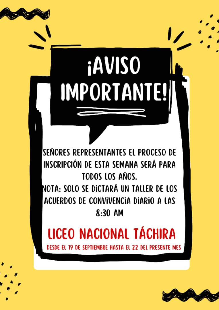 ¡AVISO IMPORTANTE! 
Se les notifica a los Padres, Madres y Representantes que el proceso de Inscripción de esta semana será para todos los años. Desde el 19 hasta el 22 de septiembre del 2023.
Nota: Se dictará solo un taller de los acuerdos de Convivencia diario a las 8:30 AM.