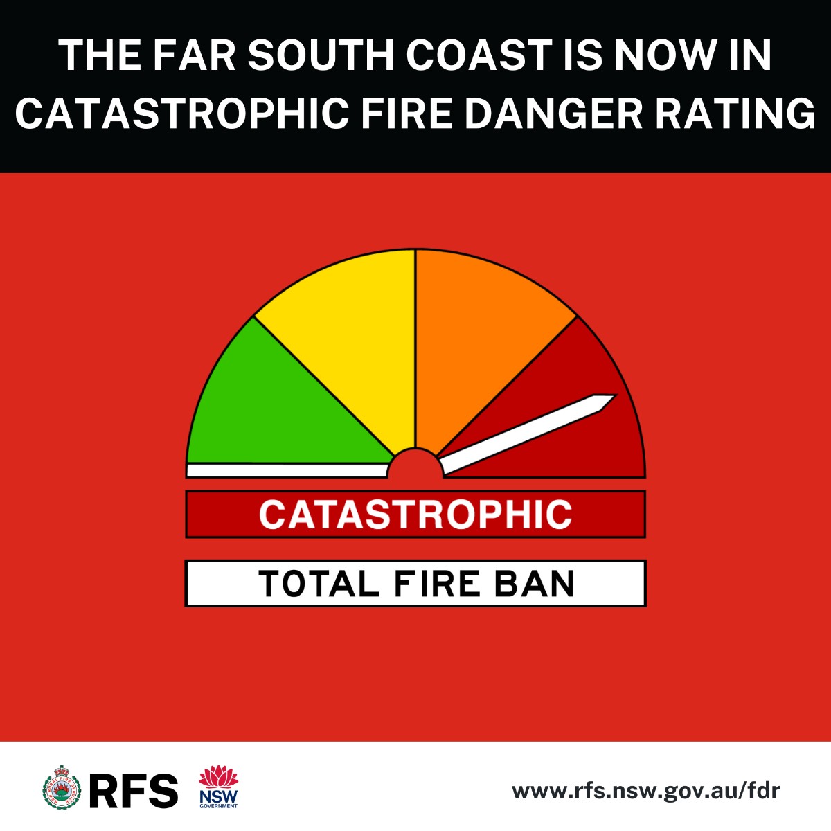 NSW RFS (@nswrfs) on Twitter photo Due to stronger than forecast winds along the Far South Coast, Catastrophic fire danger is expected this afternoon. For your survival, avoid being in fire risk areas today. Stay up to date, review your bush fire survival plan and know what you will do if a fire threatens. Due to stronger than forecast winds along the Far South Coast, Catastrophic fire danger is expected this afternoon. For your survival, avoid being in fire risk areas today. Stay up to date, review your bush fire survival plan and know what you will do if a fire threatens.