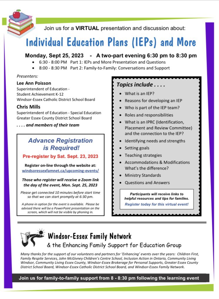 Come join us virtually to learn about Individualized Education Plans (IEPs). Please share with friends and families that may benefit from this very informative session.