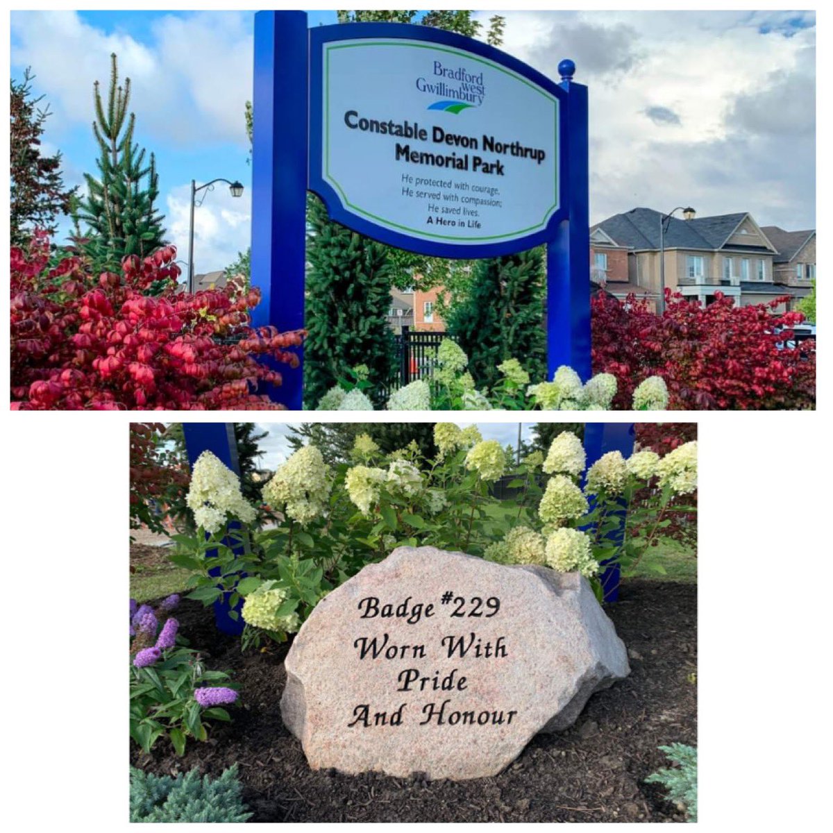 Thank you to the Town of Bradford West Gwillimbury for honouring PC Devon Northrup #229 by naming a park in his honour. The Constable Devon Northrup Memorial Park. @PoliceAssocON @TownofBWG
