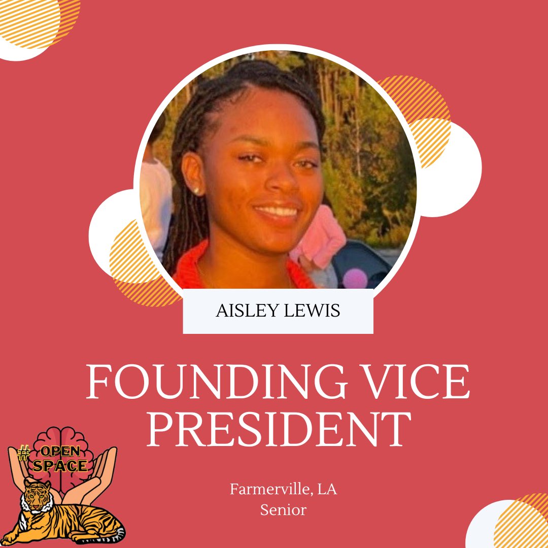 Greetings Open Space Family ! I am Aisley Lewis , a senior from Farmerville,LA and I am pleased to serve as the 2023 - 2024 Founding Vice President. Fun fact : I create graphic designs in my free time 👩🏾‍💻
