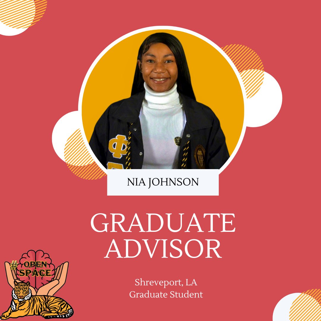 Greetings Open Space Family ! I am Nia Johnson , a graduate student from Shreveport , LA and I am pleased to serve as the 2023 - 2024 Graduate Advisor. Fun fact : I’m a Cane River Creole ⚜️