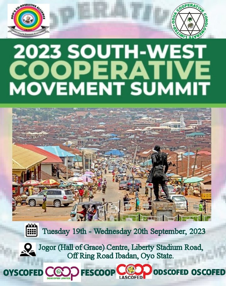 oduacooperative's tweet photo. We welcome all the 2023 SOUTH-WEST COOPERATIVE MOVEMENT SUMMIT participants to Ibadan - Oyo State. 
.
Looking forward to a fruitful conference ⏳.

#WeAreCoops #OCA #2023SouthWest #CoopSummit #coops4sdgs #CooperativeBuildABetterWorld #TheSouthWestCoopWeWant https://t.co/M8w3gIv4KN