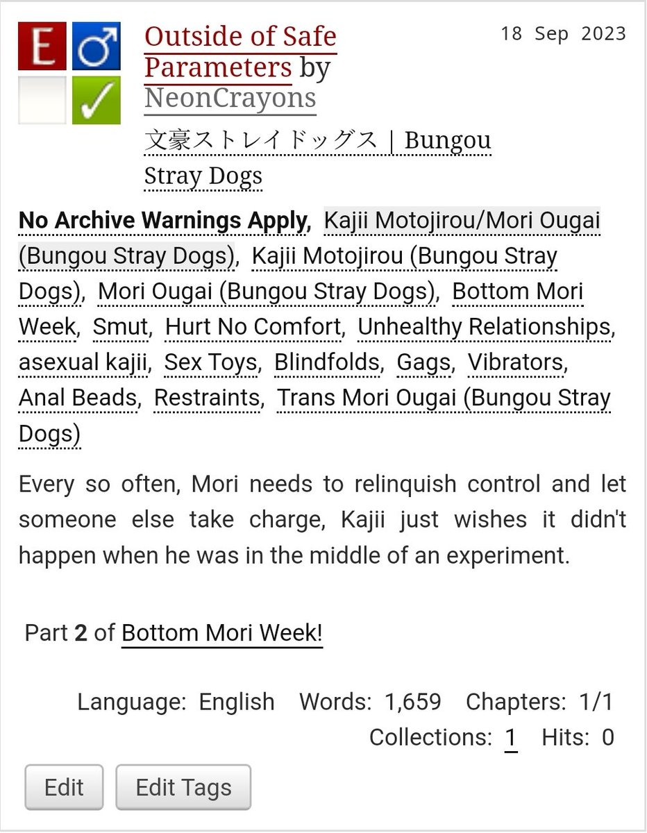 NeonCrayons_'s tweet photo. || Outside of Safe Parameters ||
• Kajii/Mori
• Explicit

@BottomMoriWeek 
Day Two –  Blindfold/Gags • Sex Toys • "Are you going to be good?"

#Bottom_Mori_Week #MoriOugai #BSDMori #BSDKajii #kajiimori #bsd #bungostraydogs 

https://t.co/1v3SDayoSk https://t.co/6qdH2pOqRV