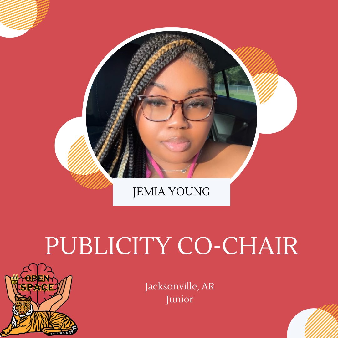 Greetings Open Space Family ! I am Jemia Young , a junior from Jacksonville,AR and I am pleased to serve as the 2023 - 2024 Publicity Co-Chair. Fun fact : BSW major 🤍
