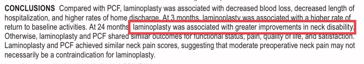 SpineNeuro's tweet image. Great study by @andrewchanMD et al. It seems that #spinalfusion is NO better for neck pain than  #laminoplasty and perhaps worse (NDI) .