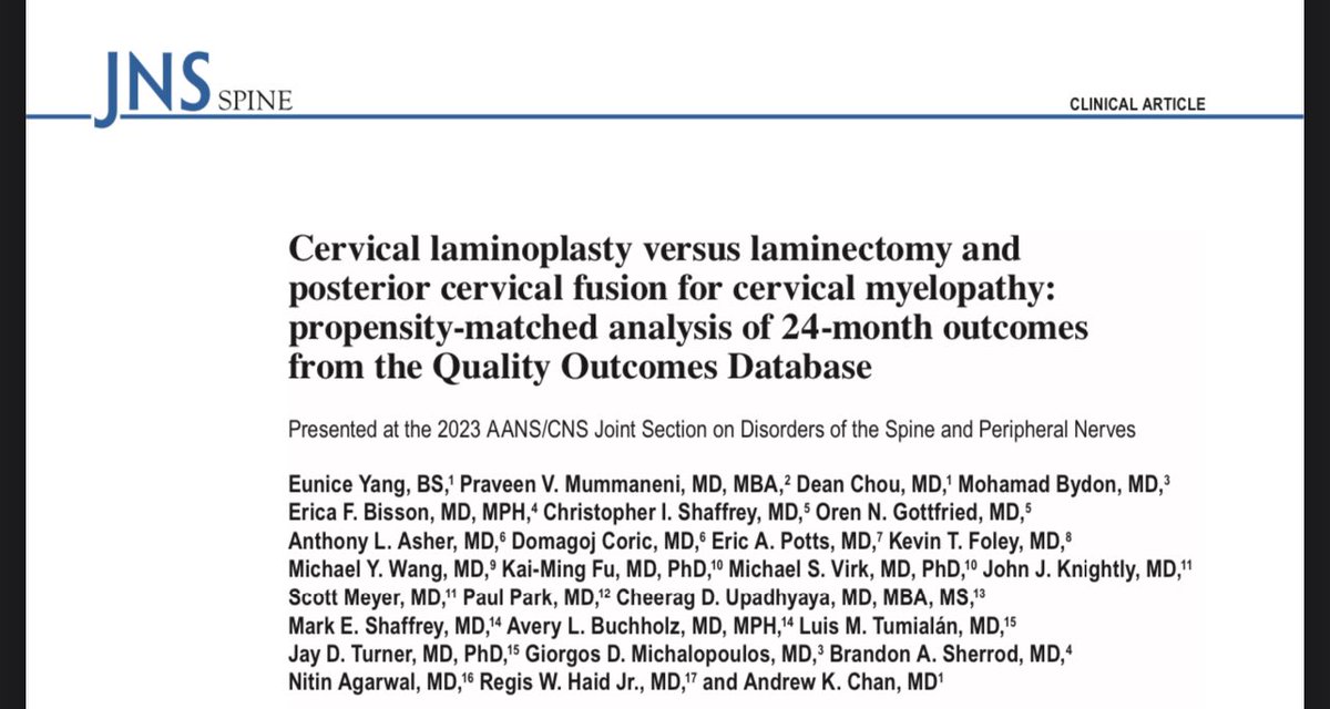 SpineNeuro's tweet image. Great study by @andrewchanMD et al. It seems that #spinalfusion is NO better for neck pain than  #laminoplasty and perhaps worse (NDI) .