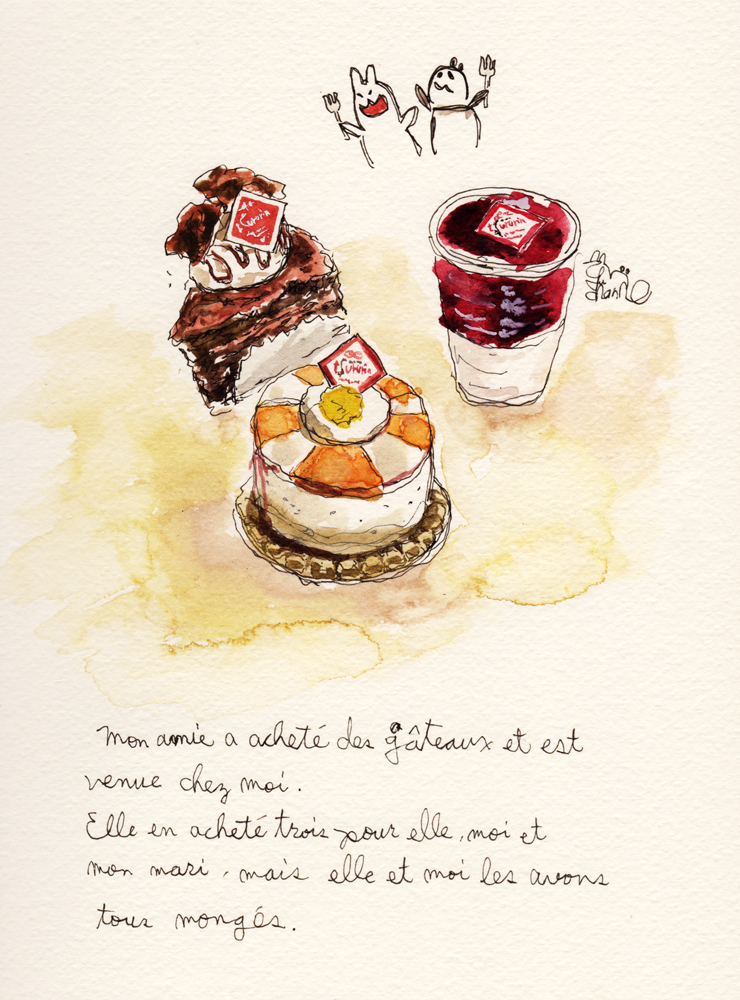 Mon amie a acheté des gâteaux et est venue chez moi.
Elle en acheté trois pour elle, moi et mon mari, mais elle et moi les avons tout mangés.
#art