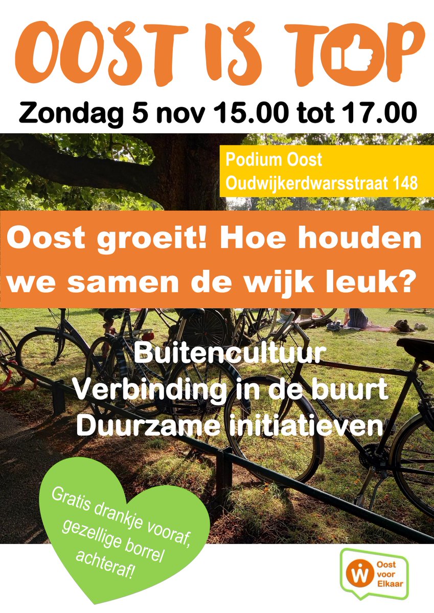 Om alvast in de agenda te noteren: op zondag 5 november is er weer een wijkdialoog. Thema dit keer: Oost groeit! Hoe houden we samen de wijk leuk? Van 15.00 tot 17.00 uur in <a href="/PodiumOost/">Podium Oost Utrecht</a> en georganiseerd door de Wijkcoöperatie Oost voor Elkaar. Meer informatie volgt nog. <a href="/WB_Oost/">Wijkbureau Oost</a>