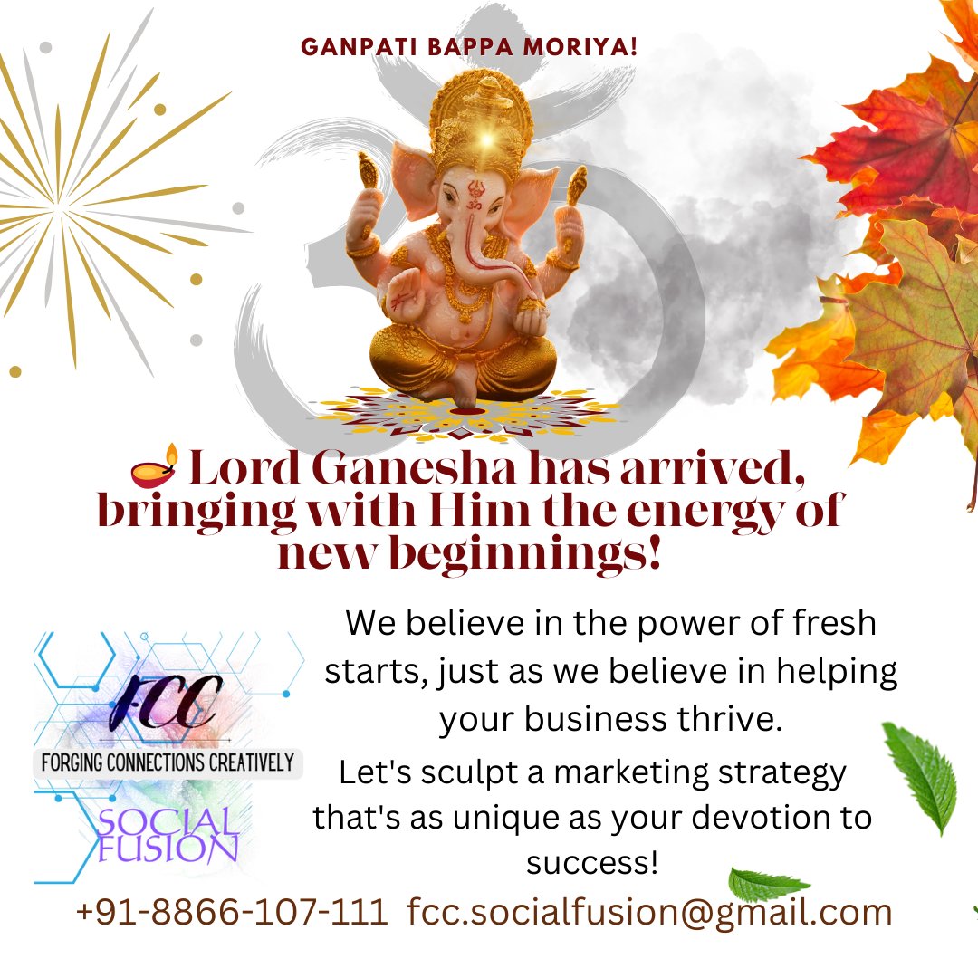 Lord Ganesha brings new beginnings! 🐘✨

Happy Ganesh Chaturthi from FCC Social Fusion! 🌟 Let's craft marketing strategies for your business success. 🚀🌊 #GaneshChaturthi2023  #BusinessBlessings #MarketingMagic