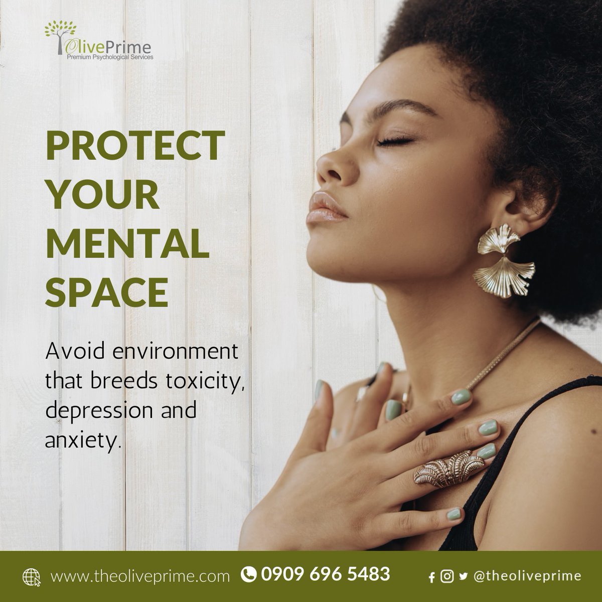Stay healthy and stay alive by protecting your mental space. Avoid environment, people or things that can cause you mental breakdown. 
.
.
.
.
#oliveprime #oliveprimepsychologicalservices #mentalhealthawareness #mentalhealthadvocate #mentalhealthsupport #mentalwellness #abuja