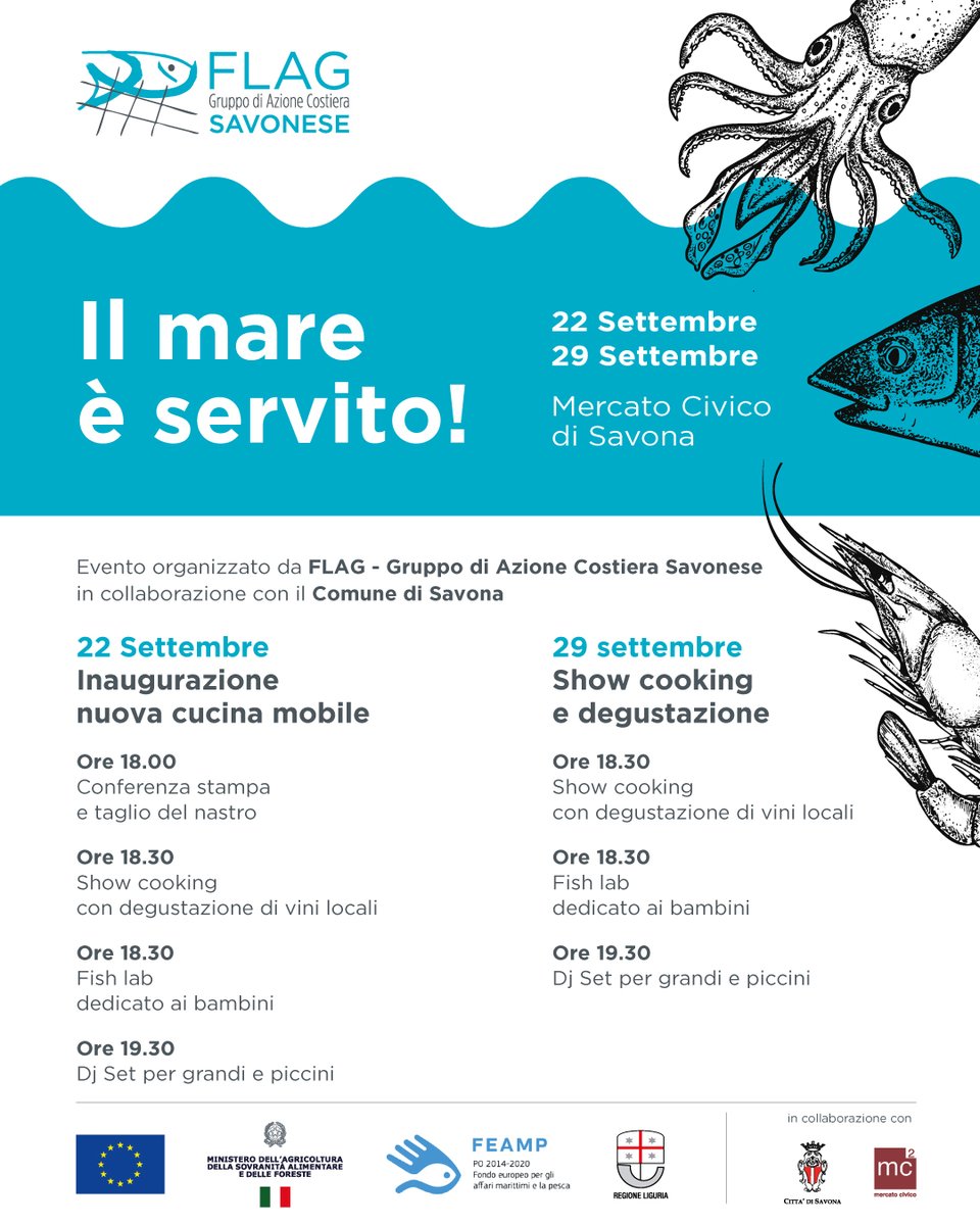 "Il mare è servito!" – 4 Eventi di Show Cooking per gustare i tradizionali sapori liguri
Tutto pronto per partire con un viaggio culinario indimenticabile alla scoperta dei tesori gastronomici del nostro mare!

#IlMareÈServito #ShowCooking #ReteNazionaleDeiFlag #FlagSavonese