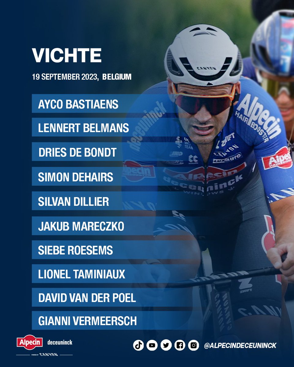 AlpecinPT's tweet photo. Today #Vichte, tomorrow @OmloopHoutland. Two one day races in West Flanders, home soil of our partners Deceuninck and Brustor. These are our line-ups 👇
#AlpecinDeceuninck https://t.co/NVHS9ryZ1u