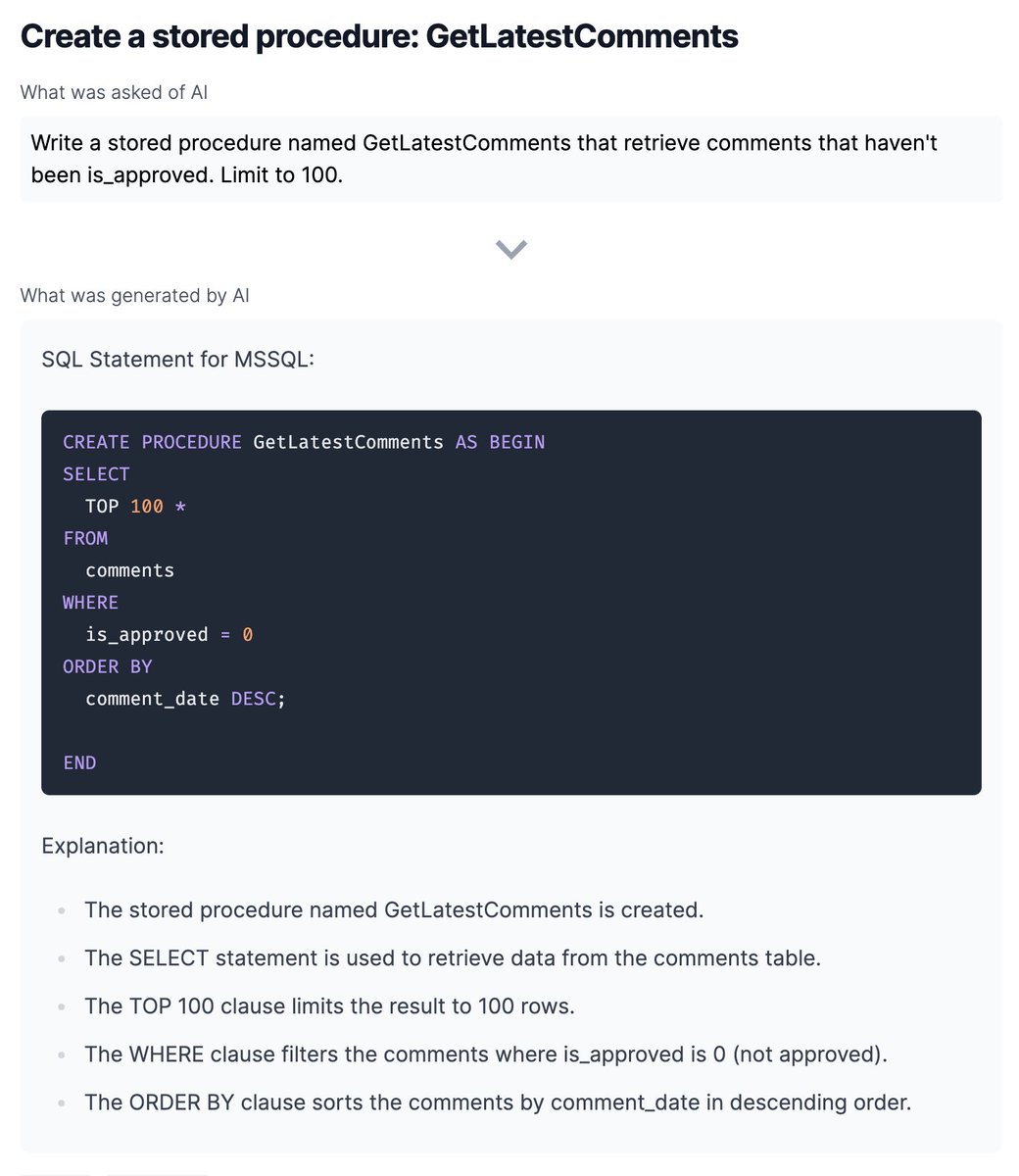 lassekt's tweet image. User: "Site looks great, but can it write stored procedures for #MSSQL?"
2 seconds later 👇
#buildinpublic #database