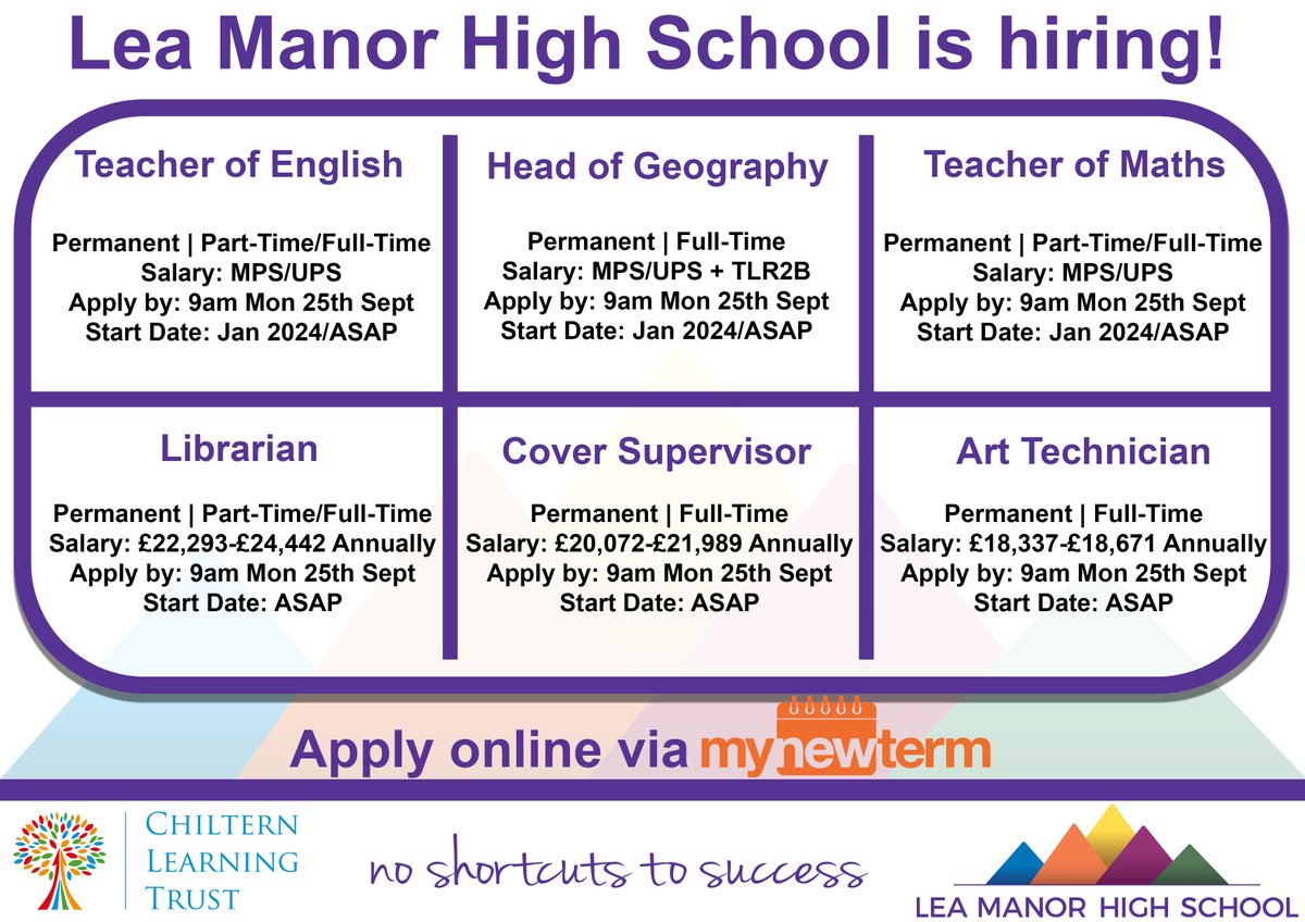 Lea Manor High School is hiring

We are looking for talented individuals to join our educational team: leamanorhighschool.org/Our-School/Vac…

Apply online via <a href="/mynewterm/">MyNewTerm</a>