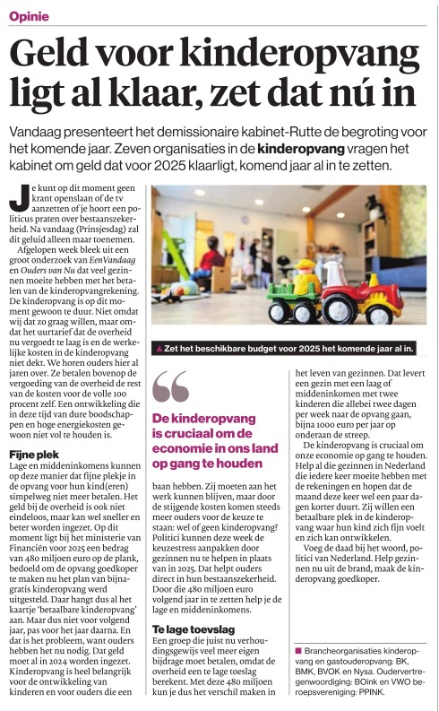 BrancheKOV's tweet photo. Onze oproep aan de Tweede Kamer en het kabinet: er ligt bijna 500 miljoen klaar om de kinderopvang in 2025 betaalbaarder te maken. Daar hebben ouders volgend jaar niks aan. Help gezinnen in hun bestaanszekerheid en haal dat geld nu van de plank! https://t.co/CktbRSbMW0