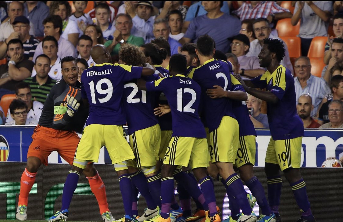 philblanche's tweet photo. 📆 OTD 2013 🇪🇸 ⚽️ 🔥 

10 years since at the Mestalla to see one of Welsh football’s great nights. High point of Swansea City story IMO, humbling European giant on own patch with breathtaking football. Also now, a sad reminder how far club has fallen under current ownership. https://t.co/ICCpcQphGc