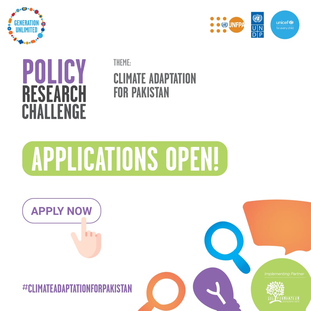 Uncover the transformative power of research within you to help us work on #ClimateAdaptation in Pakistan! Start your journey now by applying for Policy Research Challenge to create a #SustainableFuture 

12-18 Apply: forms.gle/gmfs5NdNEAFEvx…
19-28 Apply: forms.gle/y1uw2uNkbEYc4e…