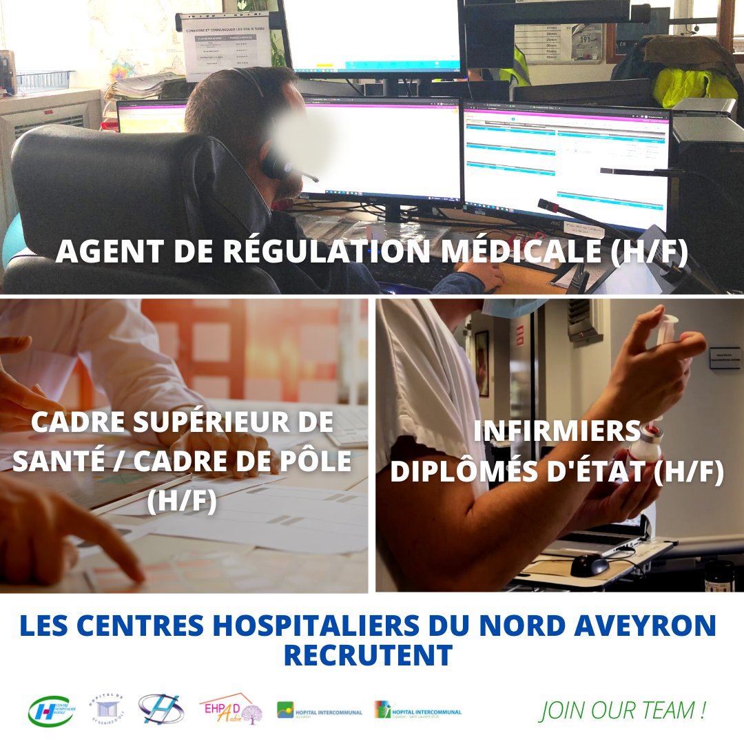 CHRodez's tweet photo. |#JOINTHETEAM | 🔎Les centres hospitaliers du Nord Aveyron recrutent !
➡ ARM https://t.co/Vs2FAqUZlh
➡ Cadre supérieur de pôle https://t.co/5CgNkFsHR8
➡ postes #IDE disponibles dans plusieurs établissements de la direction commune

👉Candidature &amp; CV : drh@ch-rodez.fr https://t.co/abbNSIwmao