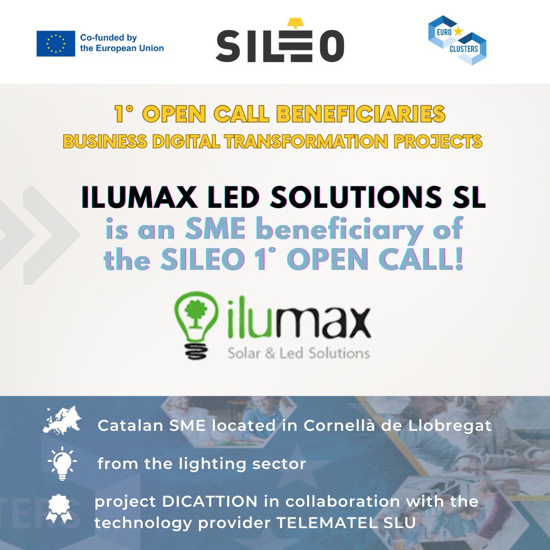 ElcaCluster's tweet photo. We are delighted to announce that @IlumaxEs is an SME beneficiary of the #SILEO #Eurocluster 1Β° Open Call for Business Digital Transformation Projects!
Find more about the #lightingSME and its ongoing #project here π https://t.co/xZySipPPJh https://t.co/yfxBcxrQqB