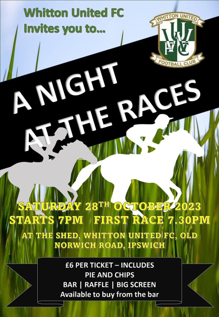 October 28th, get down to Whitton United for a race night! 

£6 a ticket which includes food. Lots of prizes to win and raffles to take part in. 

Tickets available behind the bar.