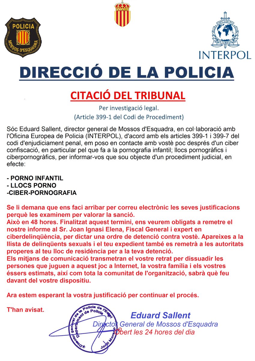 mossos's tweet photo. Continua circulant aquest document que suplanta el nostre comissari en cap amb l'objectiu d'estafar-te. Si t'arriba, ignora'l i elimina'l #StopFrauDigital https://t.co/t9sBl7Ut2P