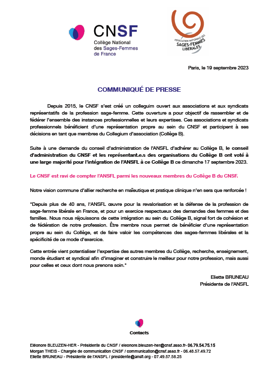 Coll_SageFemme's tweet photo. 🔴 @AnsflAsso fait désormais partie du Collège B du CNSF, suite à un vote du CA du #CNSF (Collèges A & B) dimanche 17 septembre 2023.
Découvrez le CDP👇👉 https://t.co/rtiFF30WCR
@onssf @ANESF_FR #CNEMA #ANSFC
#representation #associations #sagesfemmes #professionliberale https://t.co/WPTP47GbiB