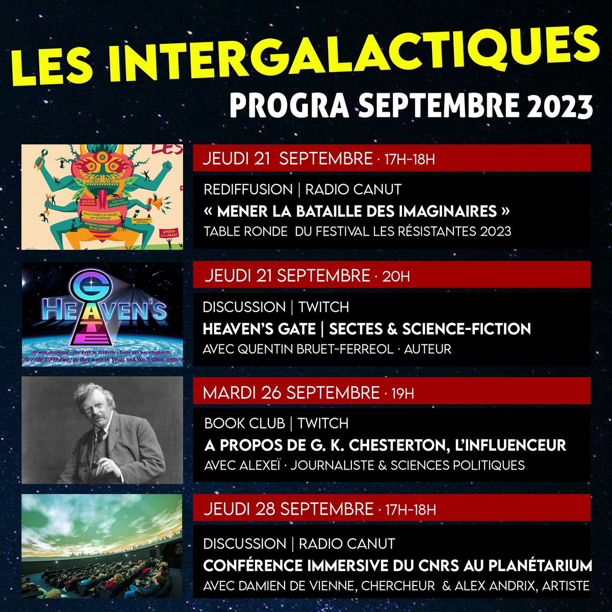 Nos programmations reprennent en cette fin de mois de septembre qui synthétisent assez bien nos axes de travail !

Un lien : 
intergalactiques.net/emissions

<a href="/QBFerreol/">Quentin Bruet-Ferréol</a> | <a href="/EdBouquins/">Bouquins</a> | <a href="/CNRS/">CNRS 🌍</a> | <a href="/CNRS_dr07/">CNRS Rhône Auvergne</a> | <a href="/damdevienne/">Damien de Vienne 🦋 damdevienne.bsky.social</a> | <a href="/LbbeLyon/">LBBELyon</a> | <a href="/PlanetariumVV/">Le Planétarium</a> | <a href="/FeteScience/">Fête de la science</a>

Animées par <a href="/just_a_jal/">Julien De la Jal</a>