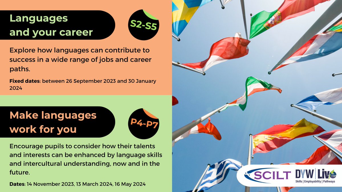 scottishcilt's tweet image. We are delighted to announce a new series of @DYWLive seminars, with @eSgoil. Our offer has expanded to include primary as well as secondary workshops! Sign up and motivate your learners to engage with languages!
Primary: loom.ly/cNcPY18
Secondary: loom.ly/fd4v-9M