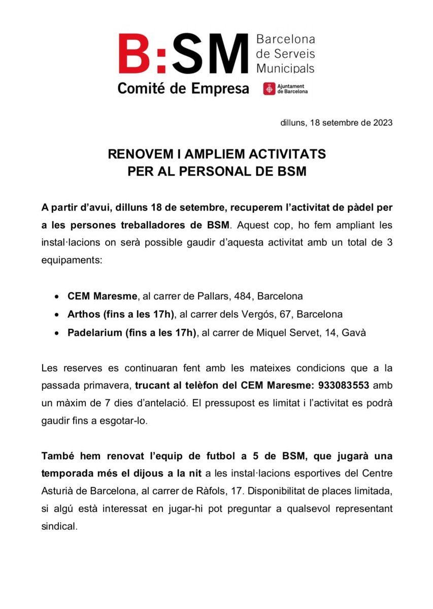 Renovem i ampliem activitats per a les persones treballadores de #BarcelonaServeisMunicipals