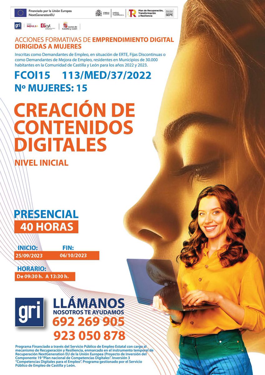 📢𝗦𝗔𝗟𝗔𝗠𝗔𝗡𝗖𝗔 | CURSO: CREACIÓN DE CONTENIDOS DIGITALES
👉𝗠𝘂𝗷𝗲𝗿𝗲𝘀 𝗱𝗲 𝗦𝗮𝗹𝗮𝗺𝗮𝗻𝗰𝗮 en situación de desempleo, mejora de empleo, fijas discontinuas o Erte empadronadas en municipios menores de 30.000 habitantes

📲692269905

#Salamanca #mujer #gratis