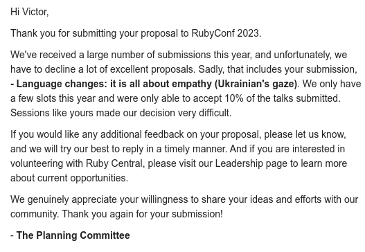 zverok's tweet image. Oh well.  Let&apos;s not spoil the #RubyConf party with dark material, I guess 🤷‍♀️(Obviously, I asked to present online. And, well— call me entitled, but I do believe the case deserved at least a personalized rejection, not a standard &quot;there are too many of you&quot; one)